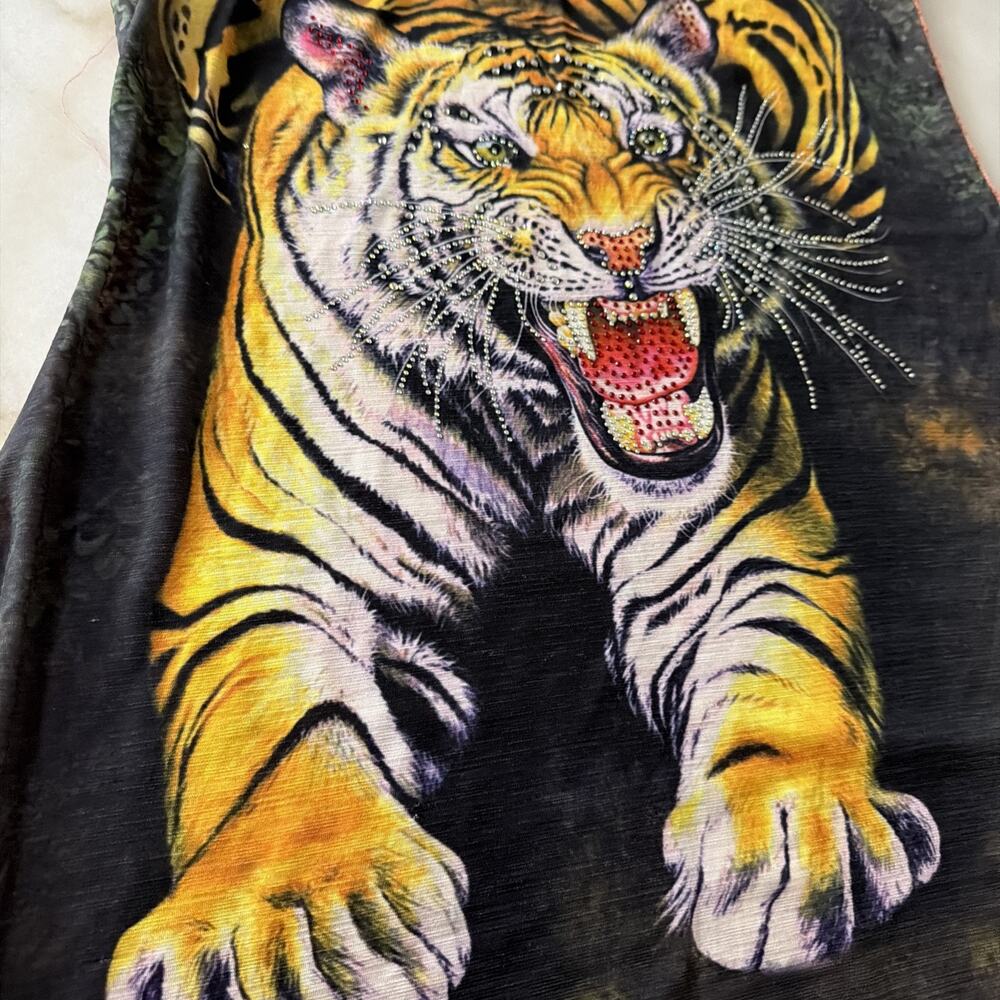 Y2K Tiger Dress Shirt Bling Sleeveless Sz Med Mesh‎ Back Rhinestones Beach Cover - Picture 3 of 14